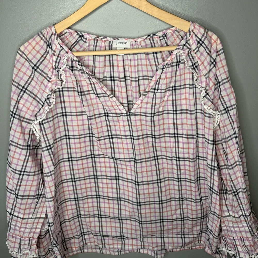 J. Crew Plaid Ruffle Trim Peasant Top